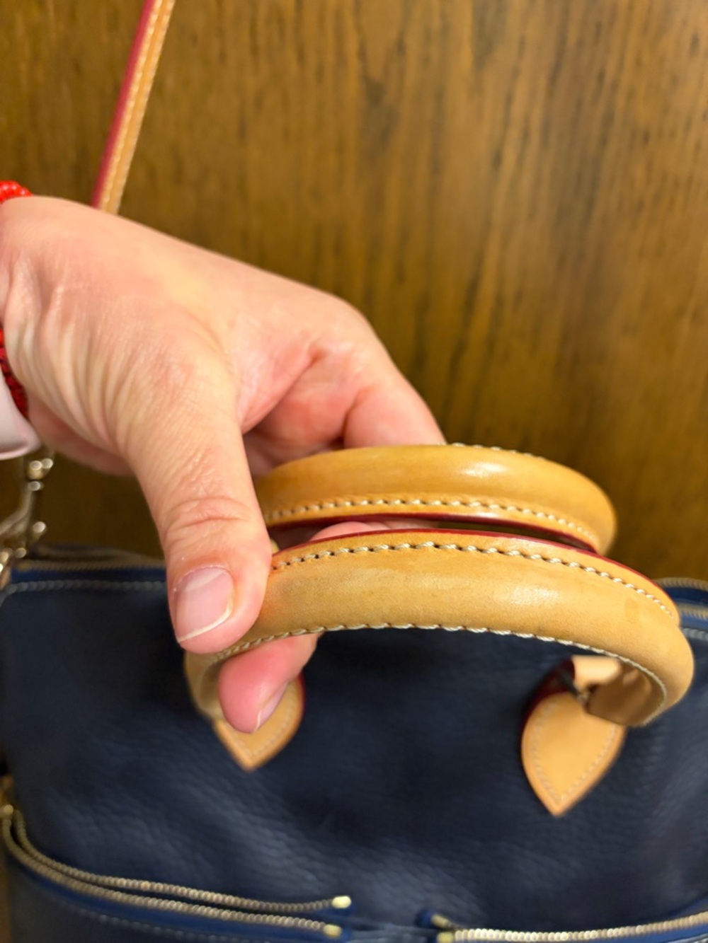 Dooney & Bourke Navy Pebble Leather Satchel with Tan Trim and Red Accents - Picture 2 of 4